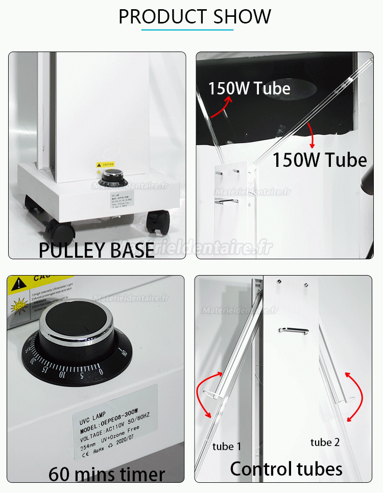 300W UVC + Chariot stérilisateur à lumière ultraviolette à lampe de désinfection à l'ozone avec capteurs radar