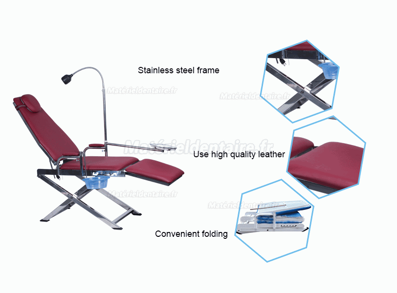 Chaise pliante portable dentaire GU-P109S avec lampe LED + lavabo + plateau