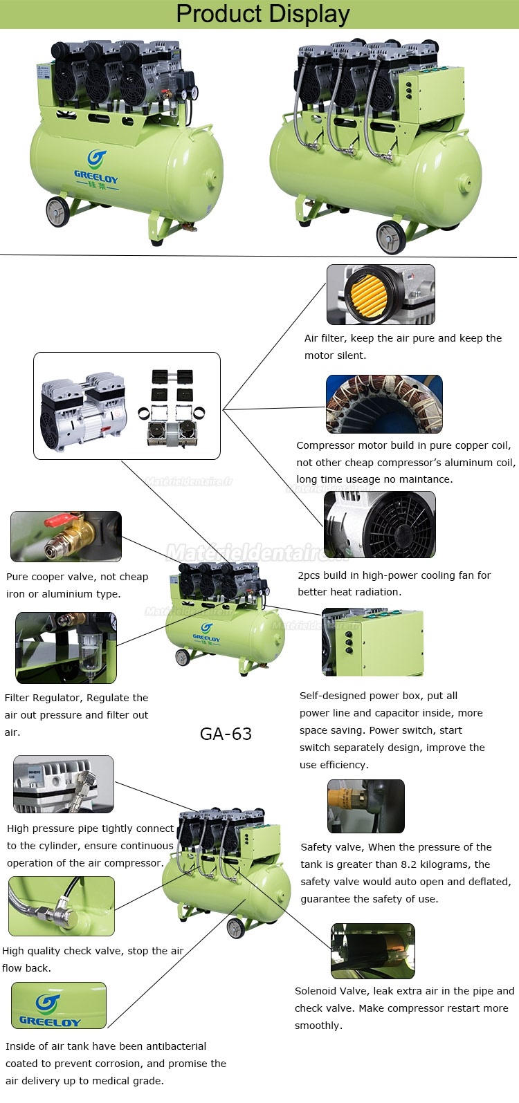 Greeloy® GA-63 Compresseur sans huile 90 litres 1800W