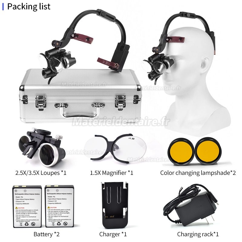 Lampe frontale LED 5W + loupes binoculaires dentaire 2.5/3.5X (avec lentilles de lecture)