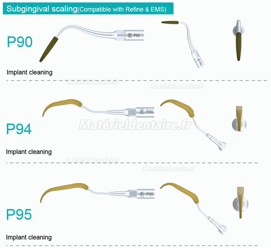 5 Pièces Refine® Inserts piézo pour nettoyage d'implant P90 P94 P95 P96L P96R compatible avec EMS MECTRON Woodpeaker