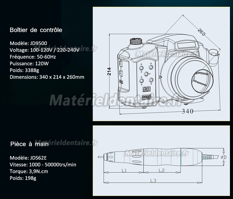 JSDA® JD9500 Micromoteur sans balai avec Aspirateur et LED intégré 50000 RPM