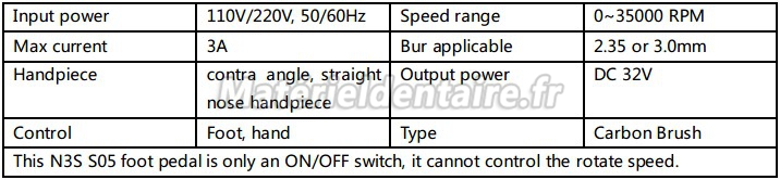 Marathon N3S S05 contre-angle Micromoteur avec pièce à main Spécifications