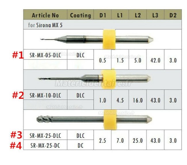 1 pièces fraise d'usinage zircone 0.5mm/1mm/2.5mm (sans revêtement) pour usineuse Sirona MX5