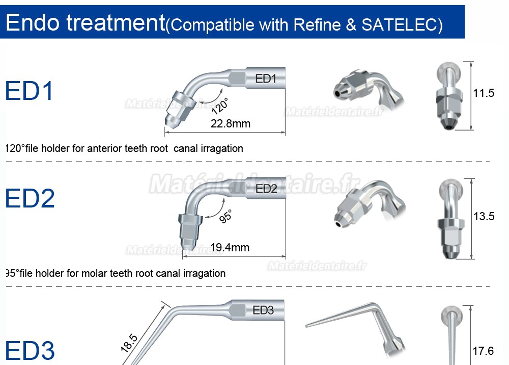 5 Pièces Refine® Inserts piézo en endodontie ED1 ED2 ED3 ED4 ED5 ED6 ED7 ED8 ED9 ED10 ED11 ED14 ED15 compatible avec SATELEC NSK DTE GNA