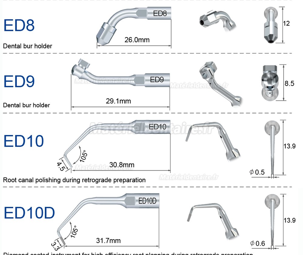 5 Pièces Refine® Inserts piézo en endodontie ED1 ED2 ED3 ED4 ED5 ED6 ED7 ED8 ED9 ED10 ED11 ED14 ED15 compatible avec SATELEC NSK DTE GNA