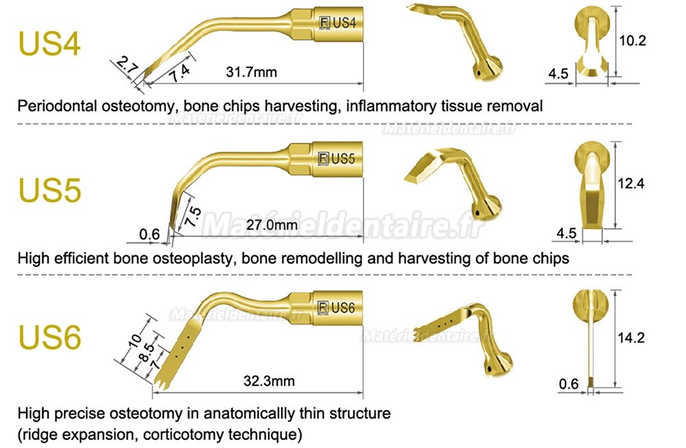 1 Pièces Inserts piezosurgery pour la chirurgie osseuse US1 US1L US1R US2 US3 US4 US5 US6 US7 US11 US12 compatible avec Mectron Silfradent Dmetec Woodpecker