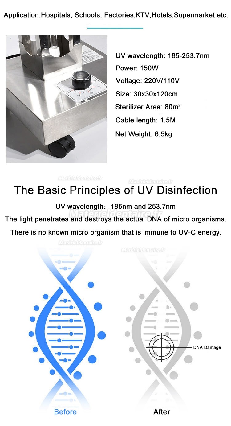 150W Mobile uvc + ozone chariot de désinfection lampe ultraviolette germicide lumière
