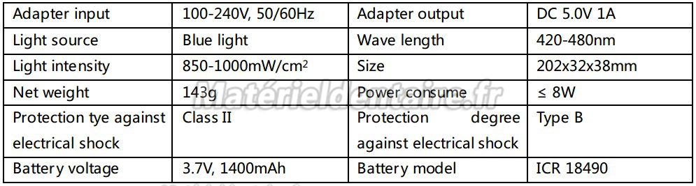 Woodpecker® Type D Lampe LED à photopolymériser Specifications techniques: