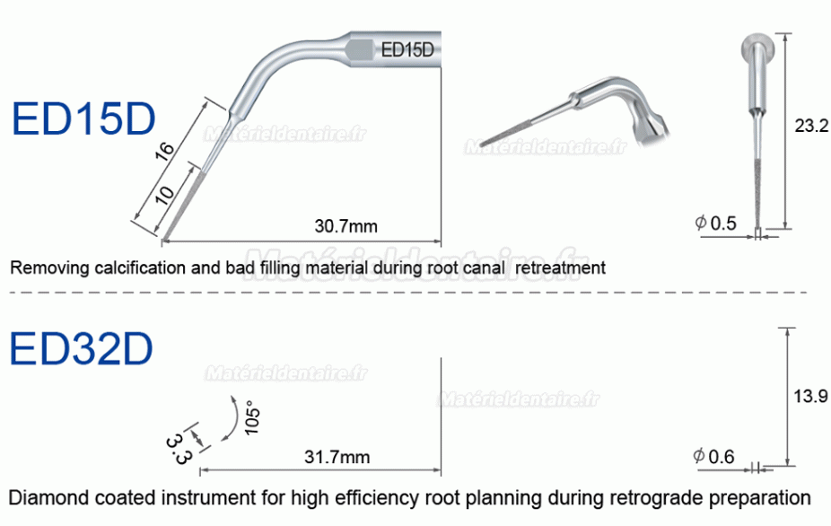 5 Pièces Refine® Inserts Piézo en Endodontie E3D E4D E5D E10D E11D E12D E14D E15D Compatible Avec Woodpecker EMS