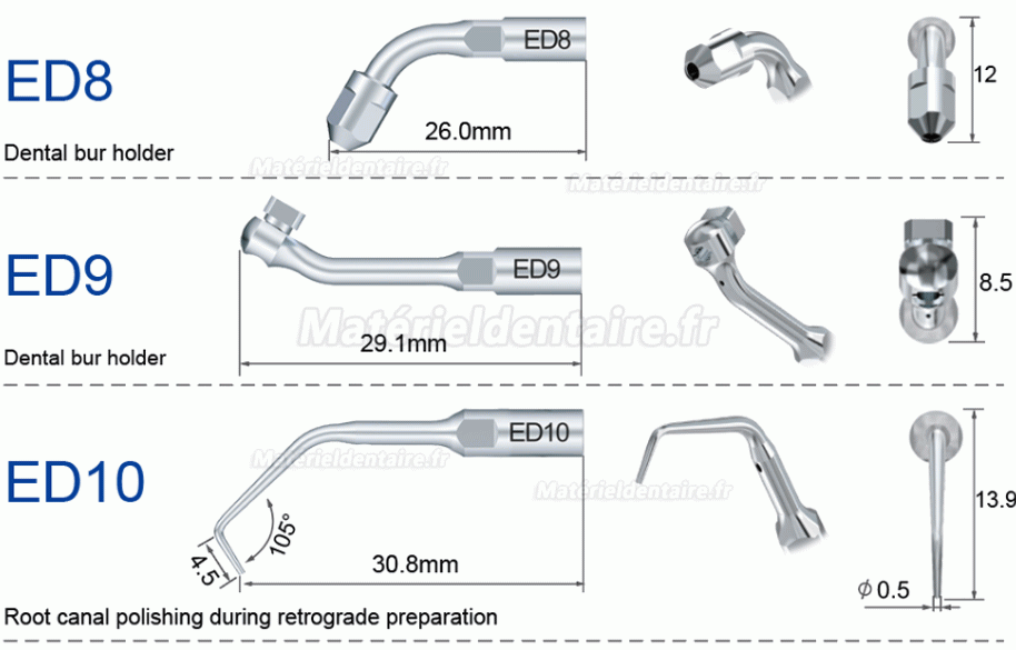 5 Pièces Refine® Inserts Piézo en Endodontie E3D E4D E5D E10D E11D E12D E14D E15D Compatible Avec Woodpecker EMS