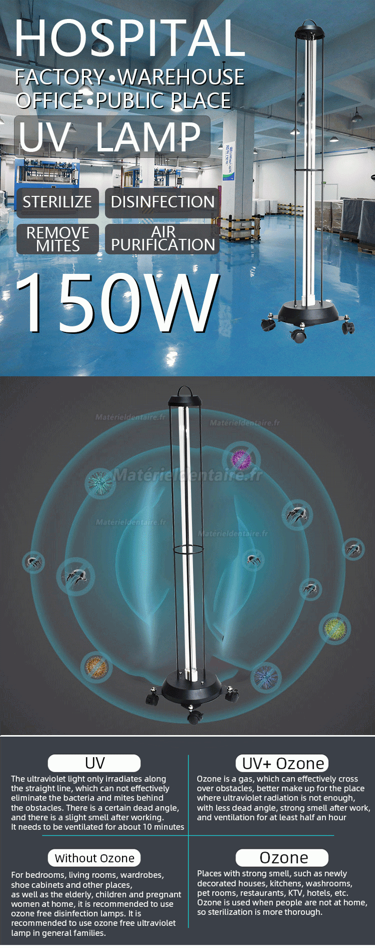 150W commercial lampe germicide ultraviolette de chariot de stérilisateur de lumière uvc avec capteurs radar